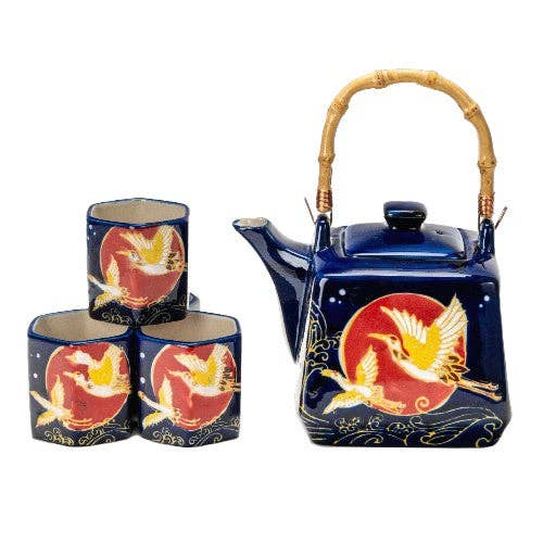 Blue Moon Crane Porcelain Tea Set | 20 fl oz Teapot and 4 Hexagon Cups-Urban Tokyo-The Bullish Store