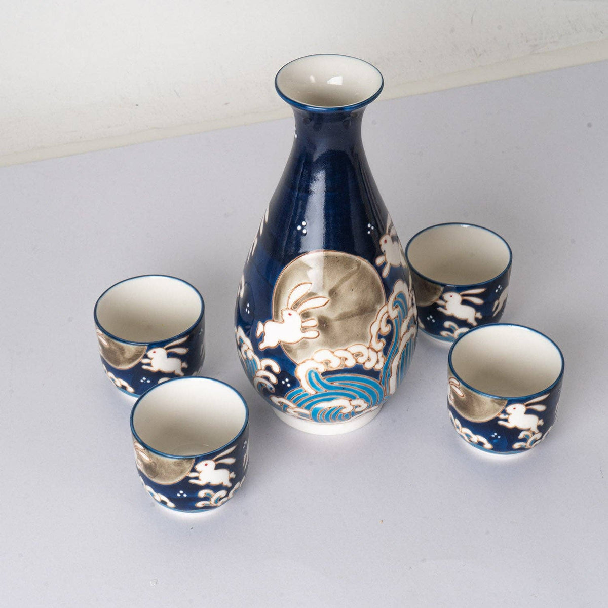 Blue Moon Rabbit Porcelain Sake Set | 10 fl oz Bottle and 4 Cups