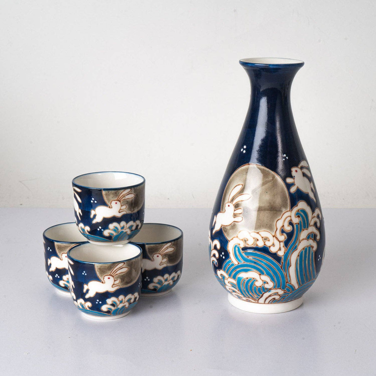 Blue Moon Rabbit Porcelain Sake Set | 10 fl oz Bottle and 4 Cups