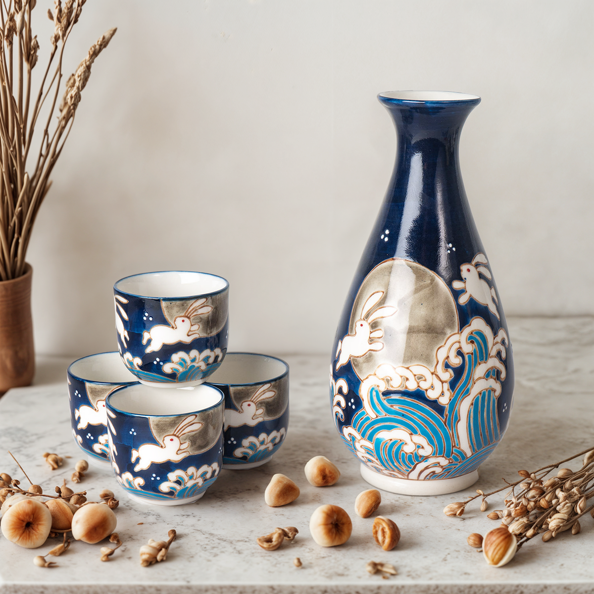 Blue Moon Rabbit Porcelain Sake Set | 10 fl oz Bottle and 4 Cups