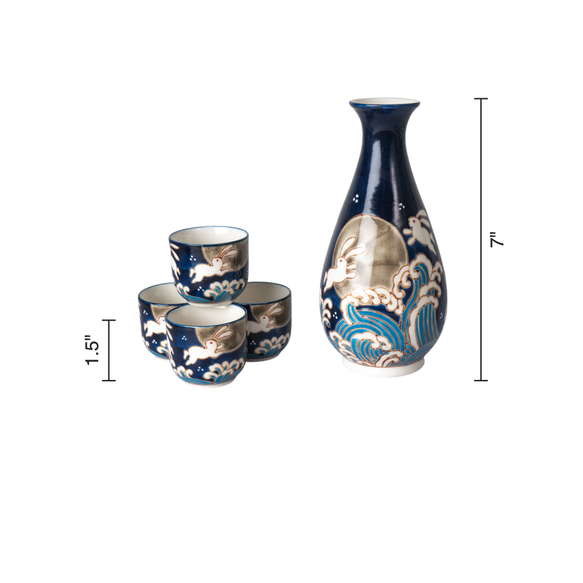 Size chart: sake bottle 7 inches tall, cups 1.5 inches tall