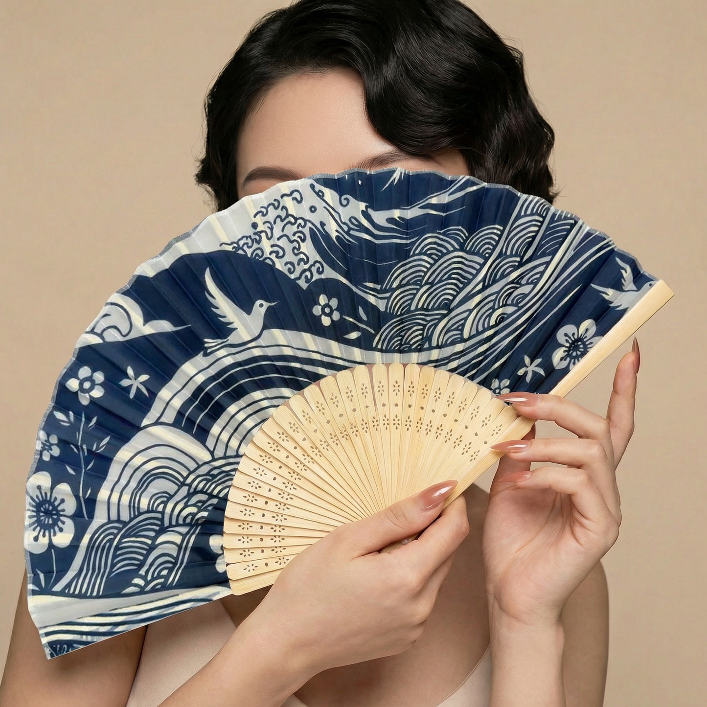 Blue Mountain Waves Paper Folding Fan | 10" Hand Fan | Paper & Wood