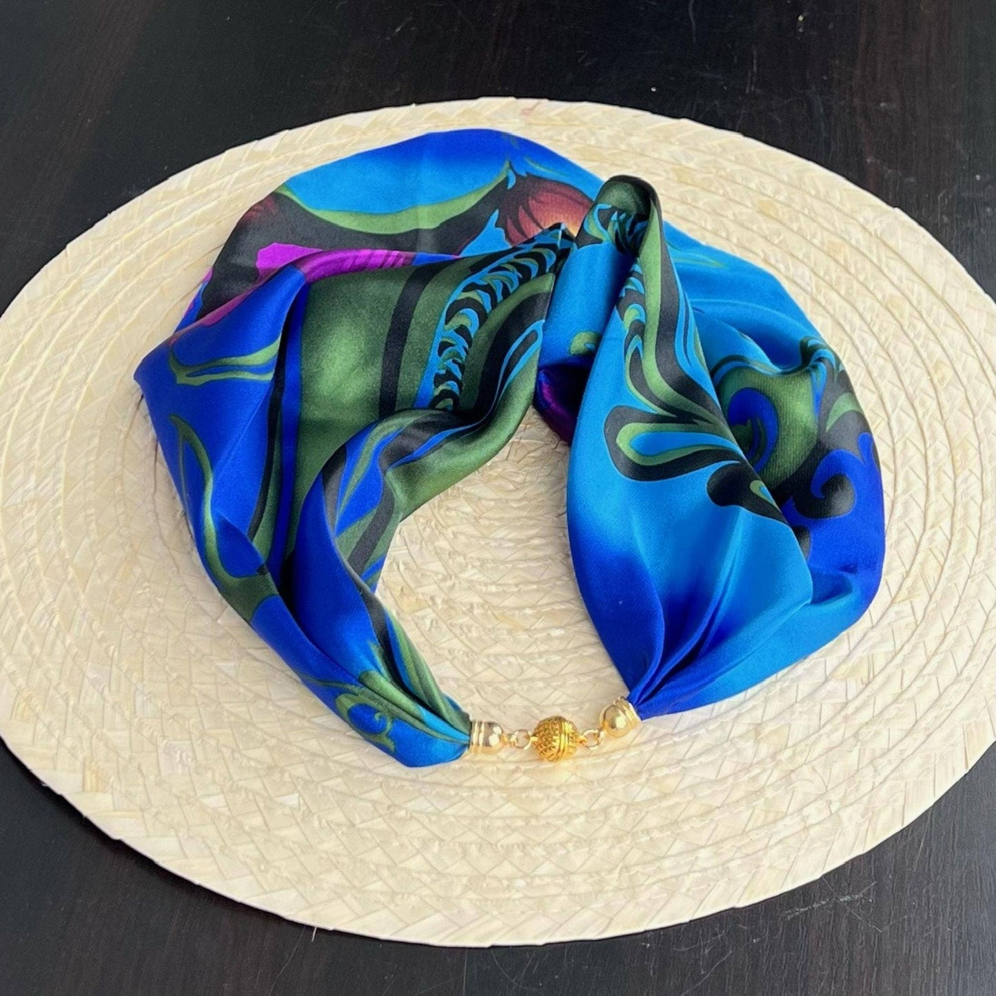 Blue & Purple Satin Pre-Tied Necklace Style Scarf with Magnetic Closure