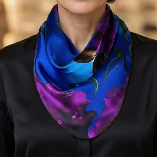 Blue & Purple Satin Pre-Tied Necklace Style Scarf with Magnetic Closure