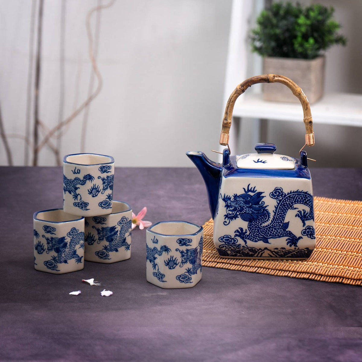 Blue Ryu Dragon Porcelain Tea Set | 20 fl oz Teapot and 4 Hexagon Cups
