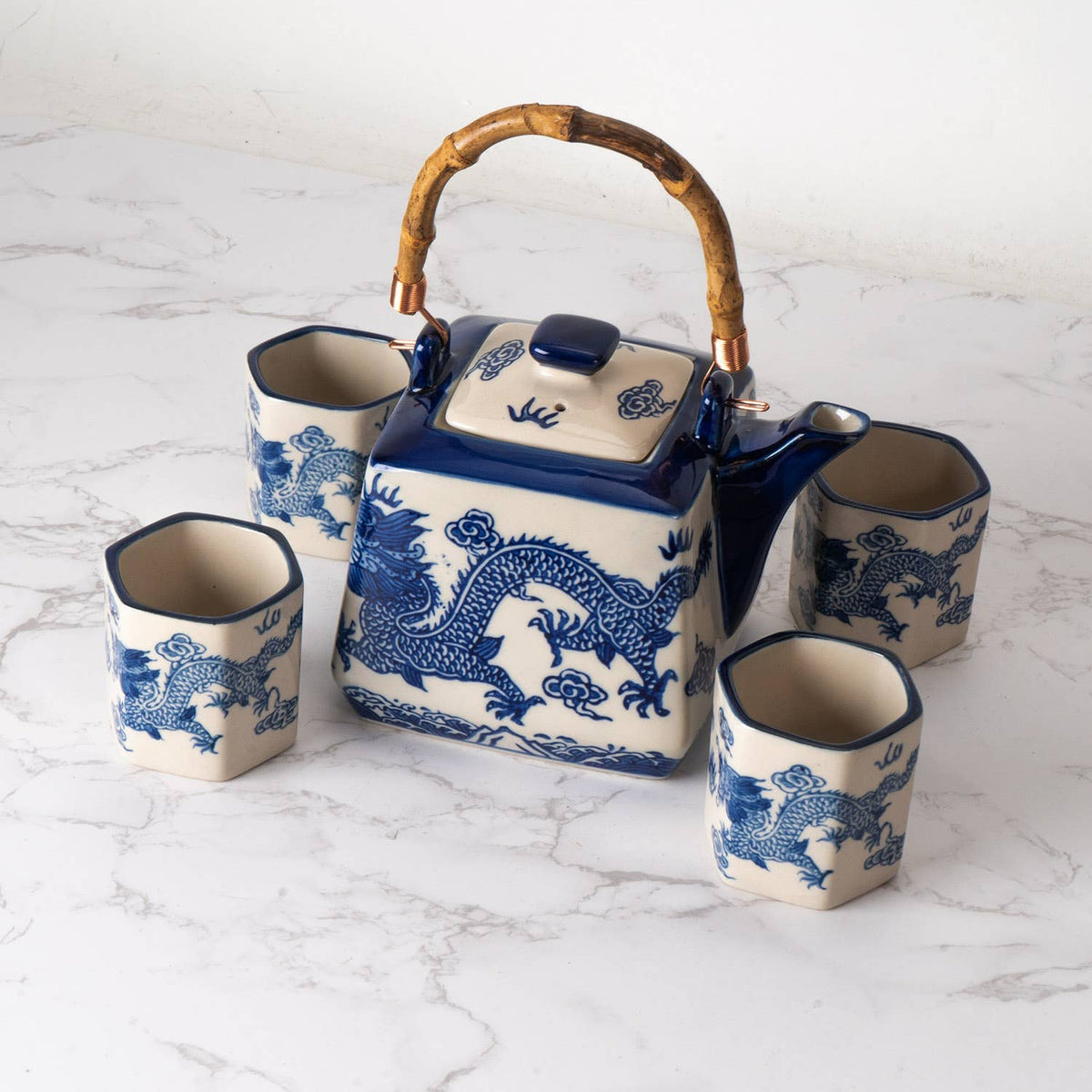 Blue Ryu Dragon Porcelain Tea Set | 20 fl oz Teapot and 4 Hexagon Cups