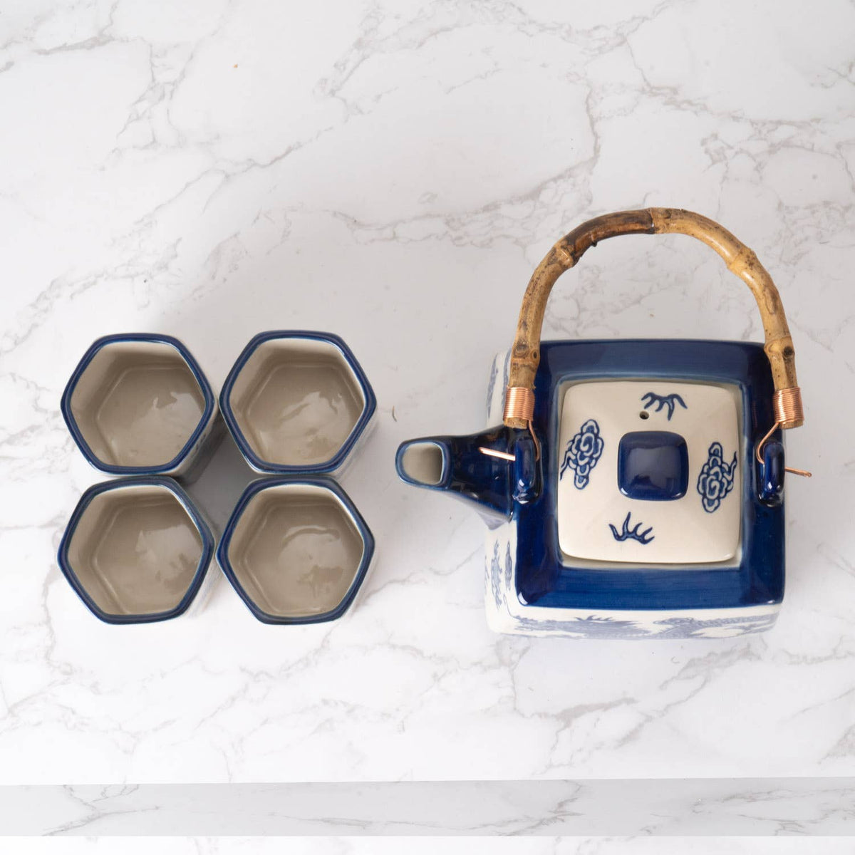 Blue Ryu Dragon Porcelain Tea Set | 20 fl oz Teapot and 4 Hexagon Cups