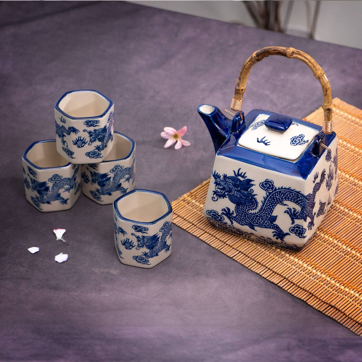 Blue Ryu Dragon Porcelain Tea Set | 20 fl oz Teapot and 4 Hexagon Cups