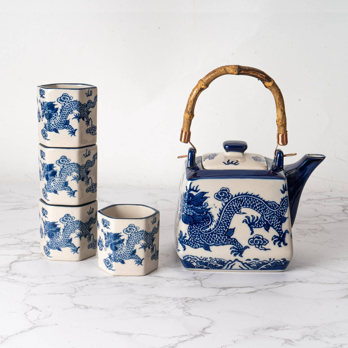 Blue Ryu Dragon Porcelain Tea Set | 20 fl oz Teapot and 4 Hexagon Cups