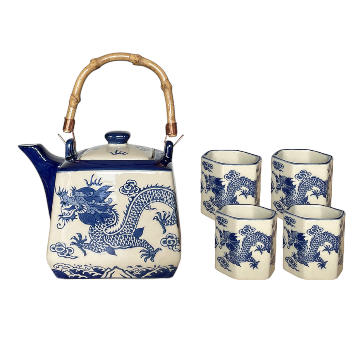 Blue Ryu Dragon Porcelain Tea Set | 20 fl oz Teapot and 4 Hexagon Cups
