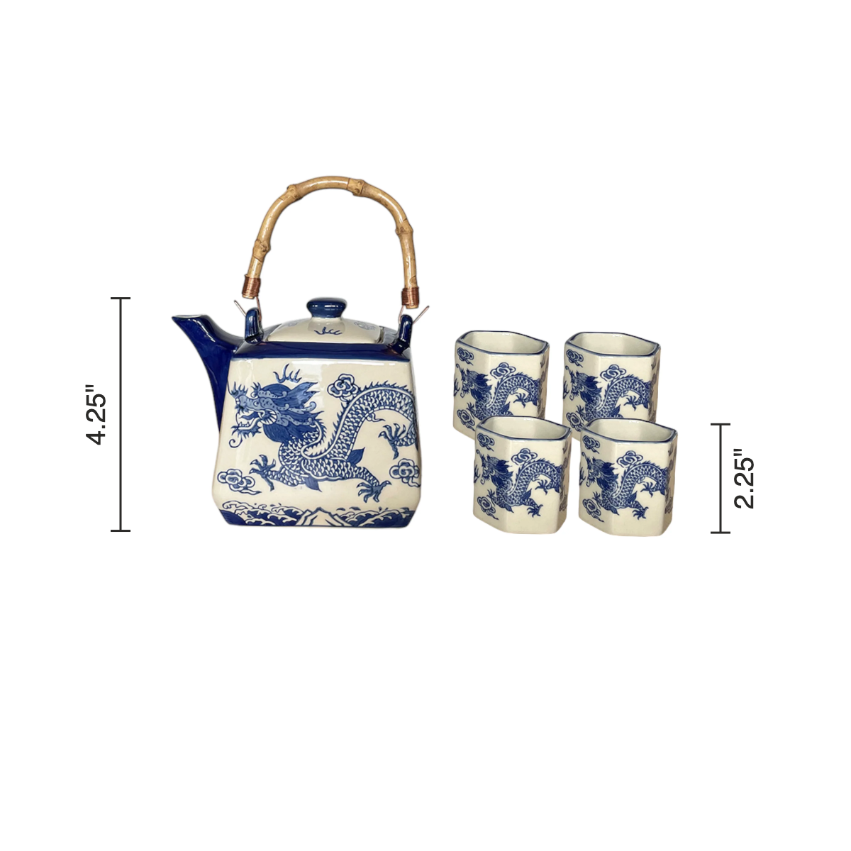 Size chart: teapot 4.25 inches tall, cups 2.25 inches tall