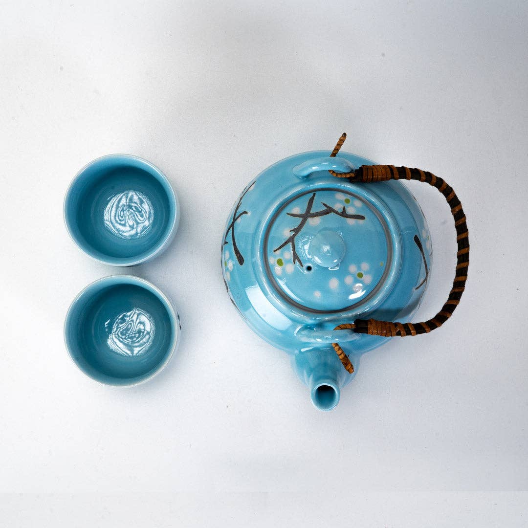 Blue Sakura Cherry Blossom Porcelain Tea Set | 22 fl oz Teapot and 2 Cups