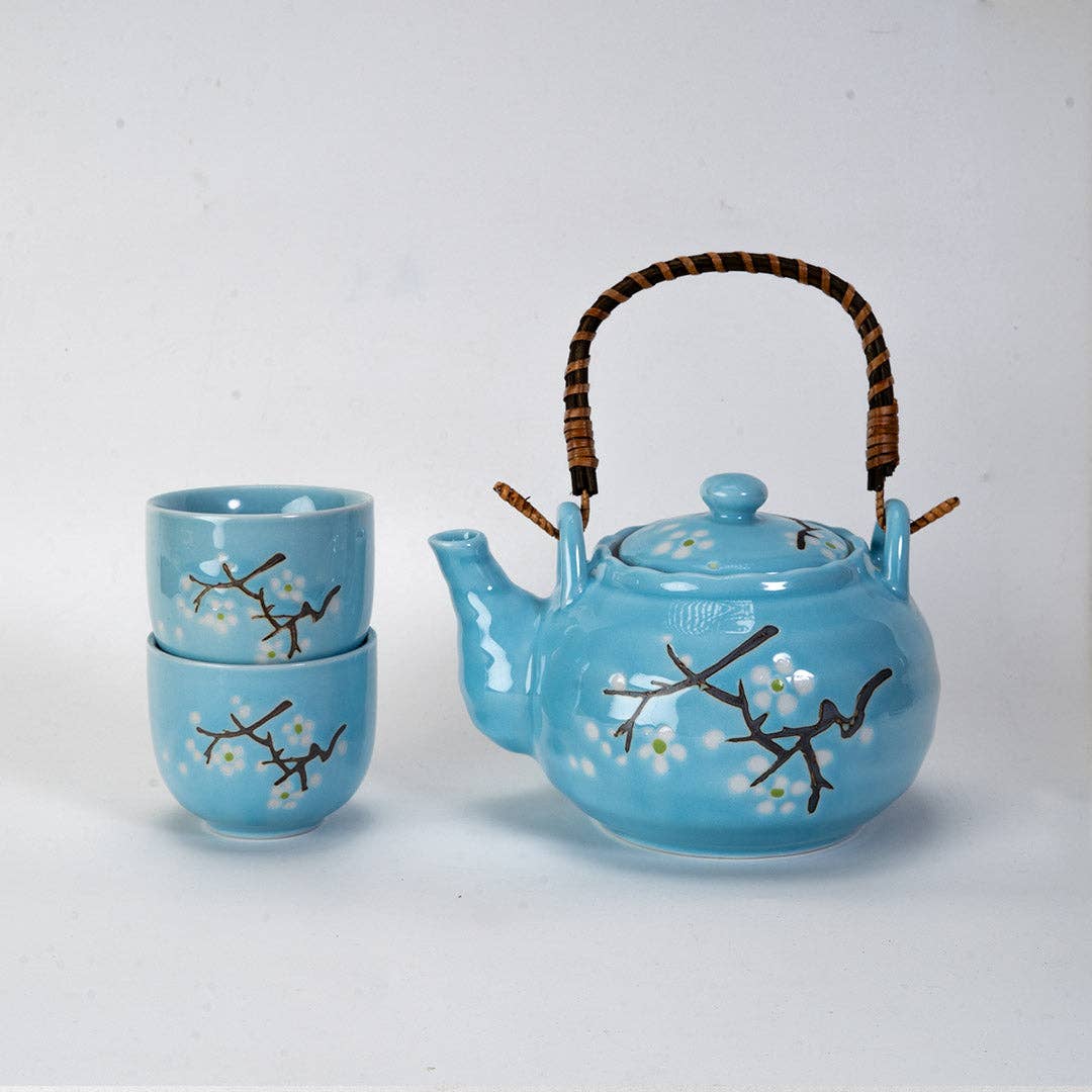Blue Sakura Cherry Blossom Porcelain Tea Set | 22 fl oz Teapot and 2 Cups