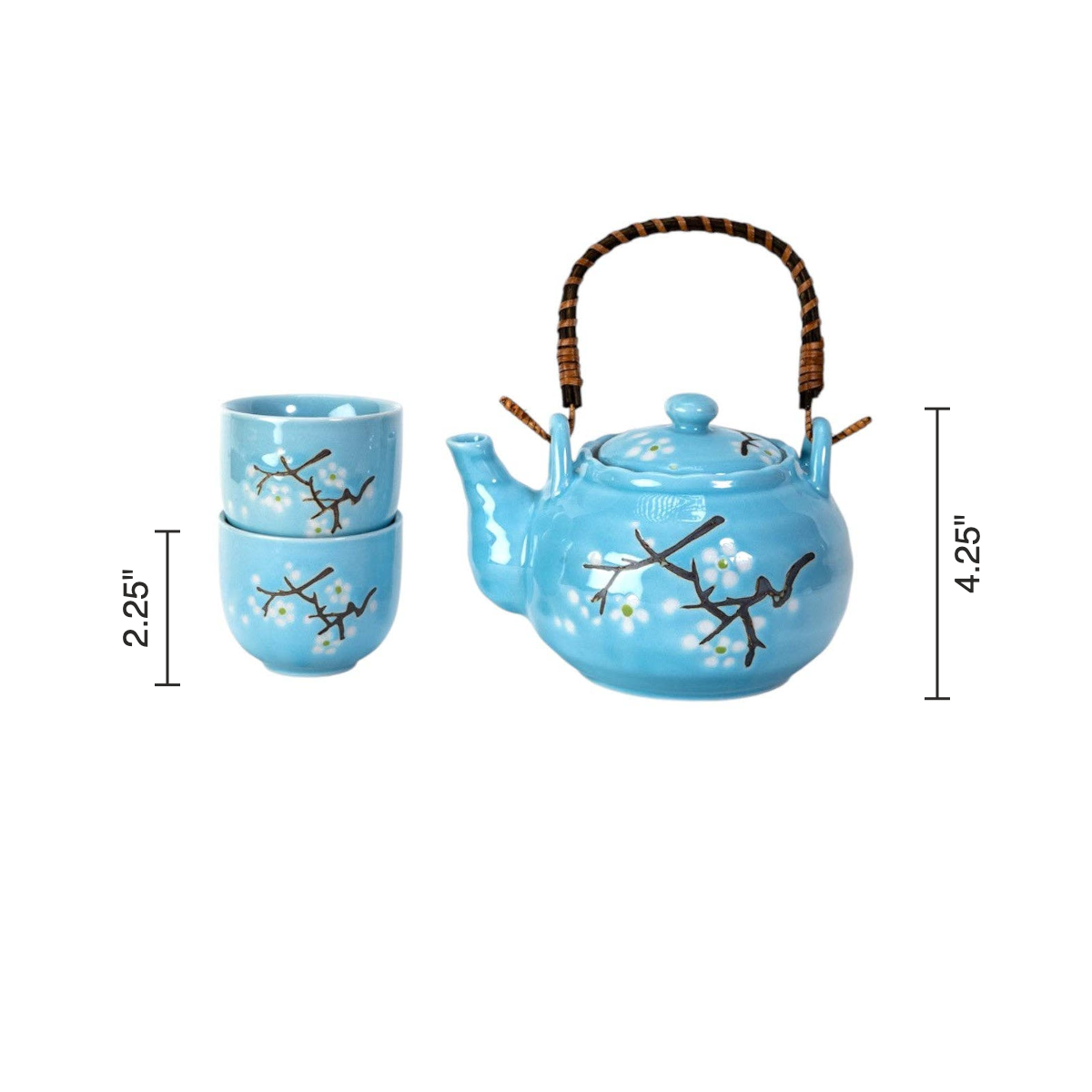 Size chart: teapot 4.25 inches tall, cups 2.25 inches tall