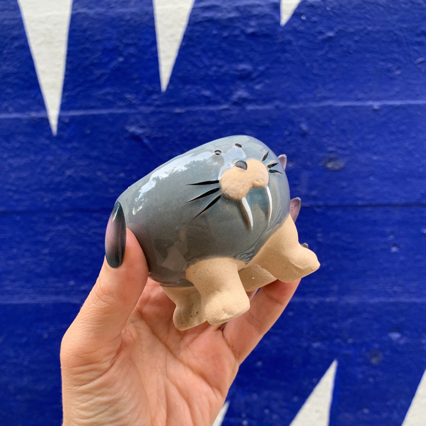 Blue Walrus Pot | Cute Animal Shaped Ceramic Planter | 2.5" Tall