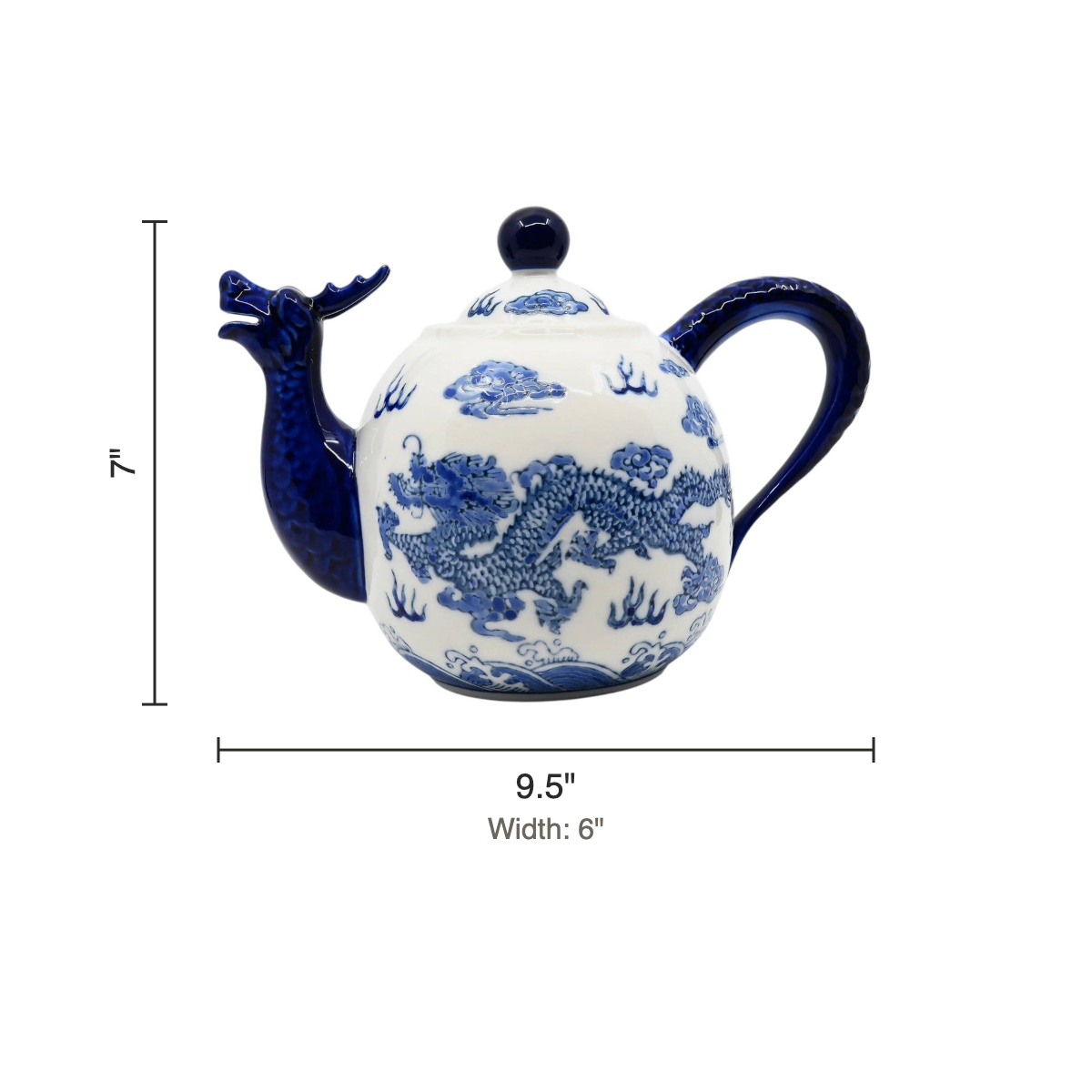 Size chart: teapot 7 inches tall, 9.5 inches long, 6 inches wide