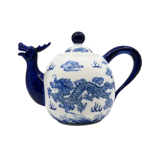 Ceramic teapot with blue dragon design