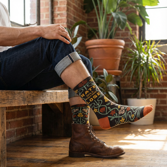 Person wearing patterned socks with boots on a wooden bench indoors.