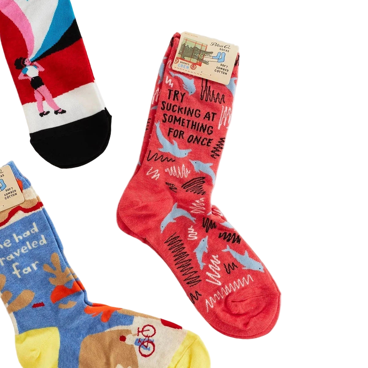 Colorful socks with text and graphics on a white background