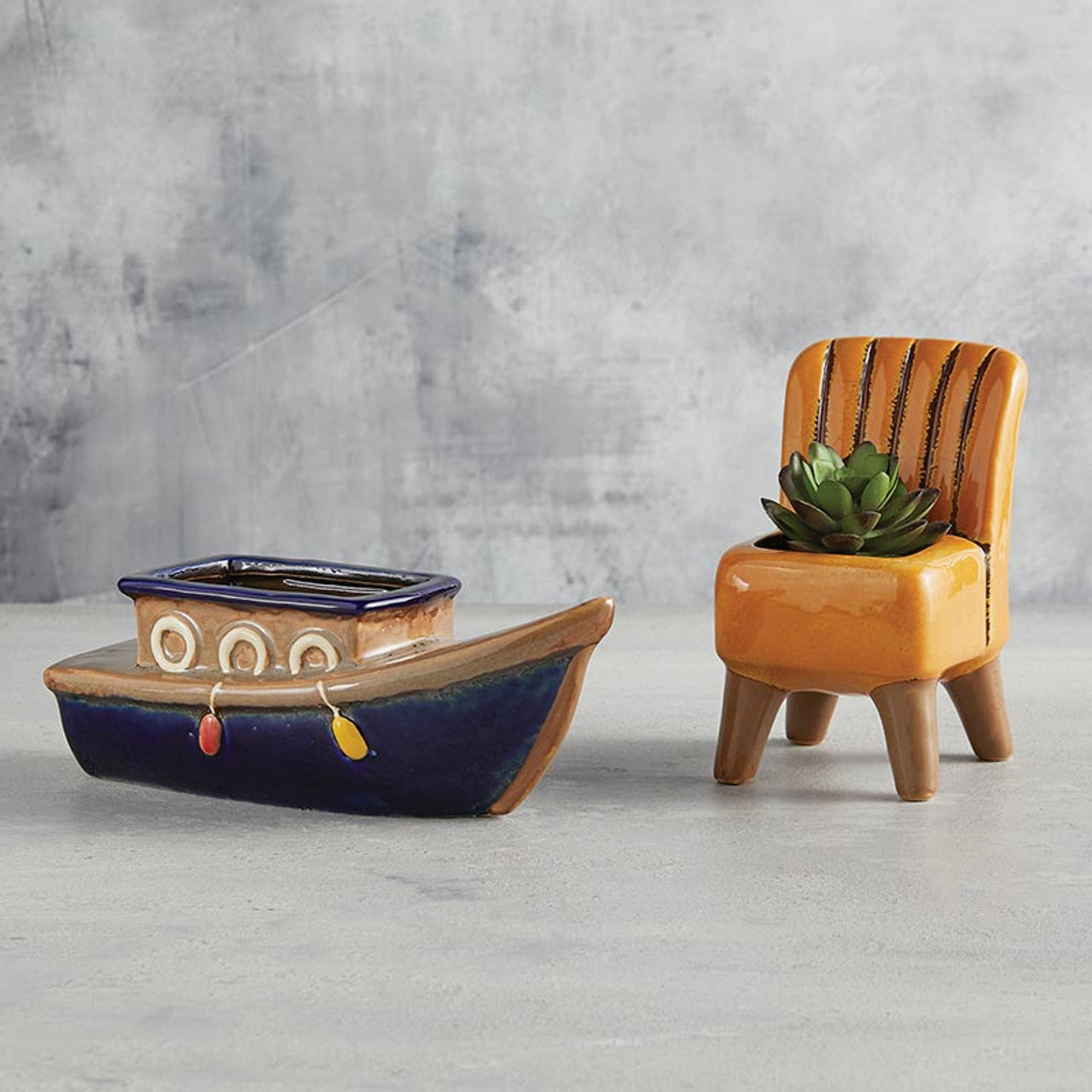 Boat Ceramic Pot Planter | Beach House Coastal Nautical Boat Design | 9" x 3.5" x 3"