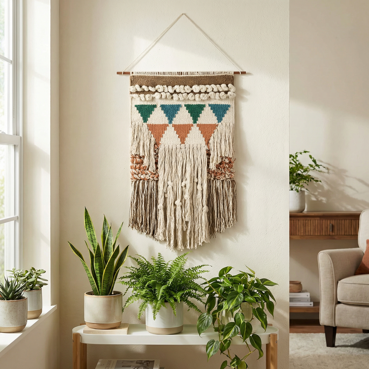 Woven wall art with geometric patterns in a living room setting with plants and furniture.