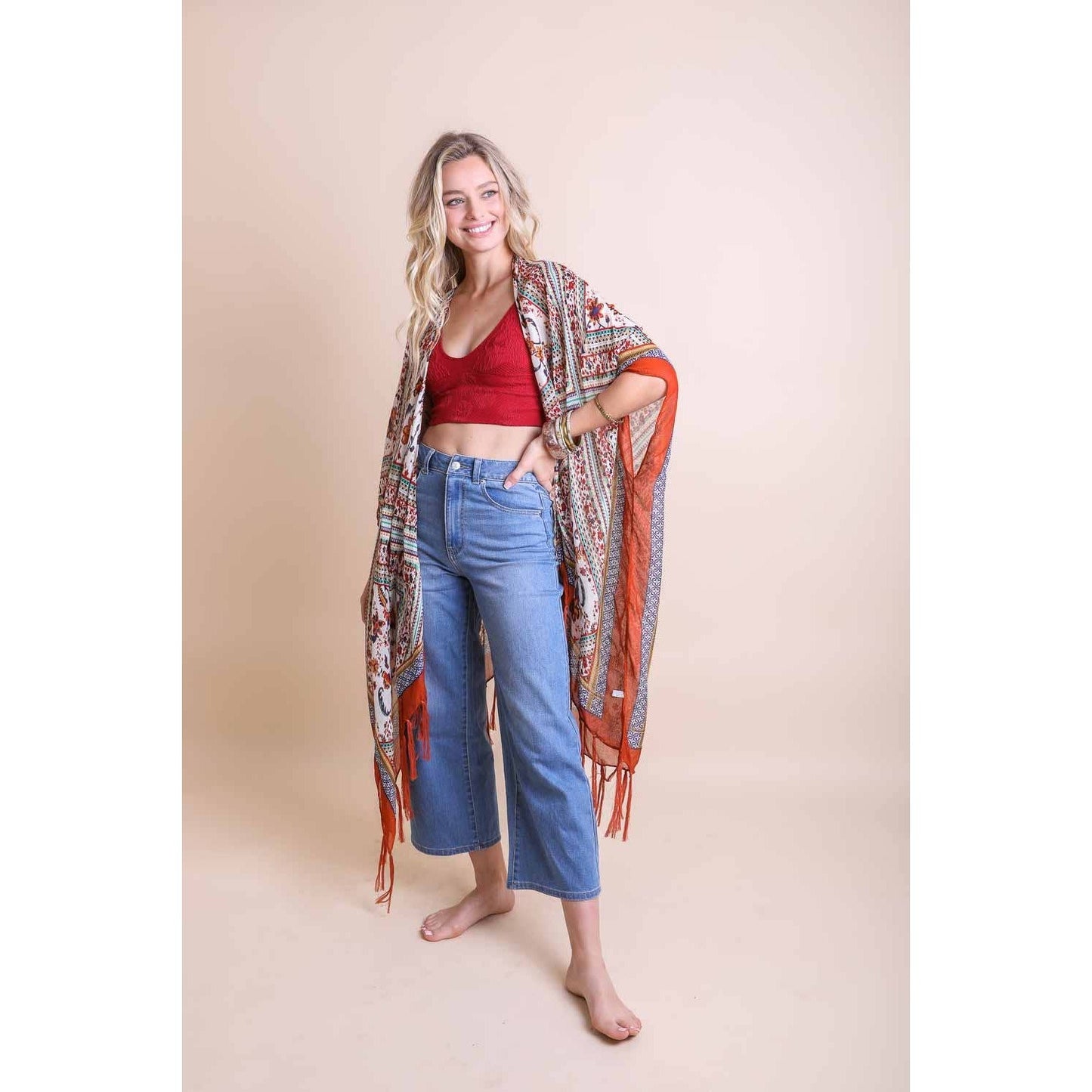 Bohemian Diamond Tassel Kimono in Rust | Beach Swimming Cover-up