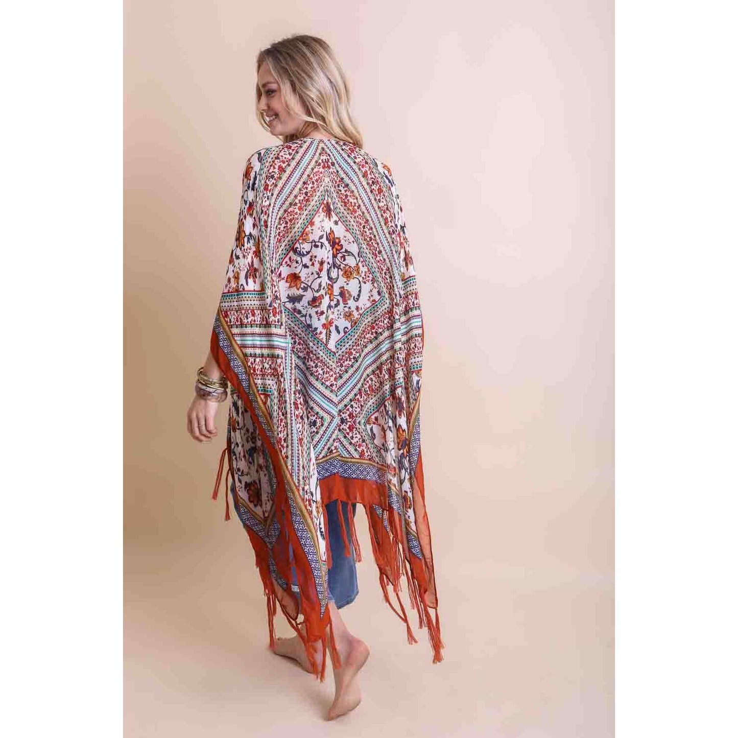 Bohemian Diamond Tassel Kimono in Rust | Beach Swimming Cover-up