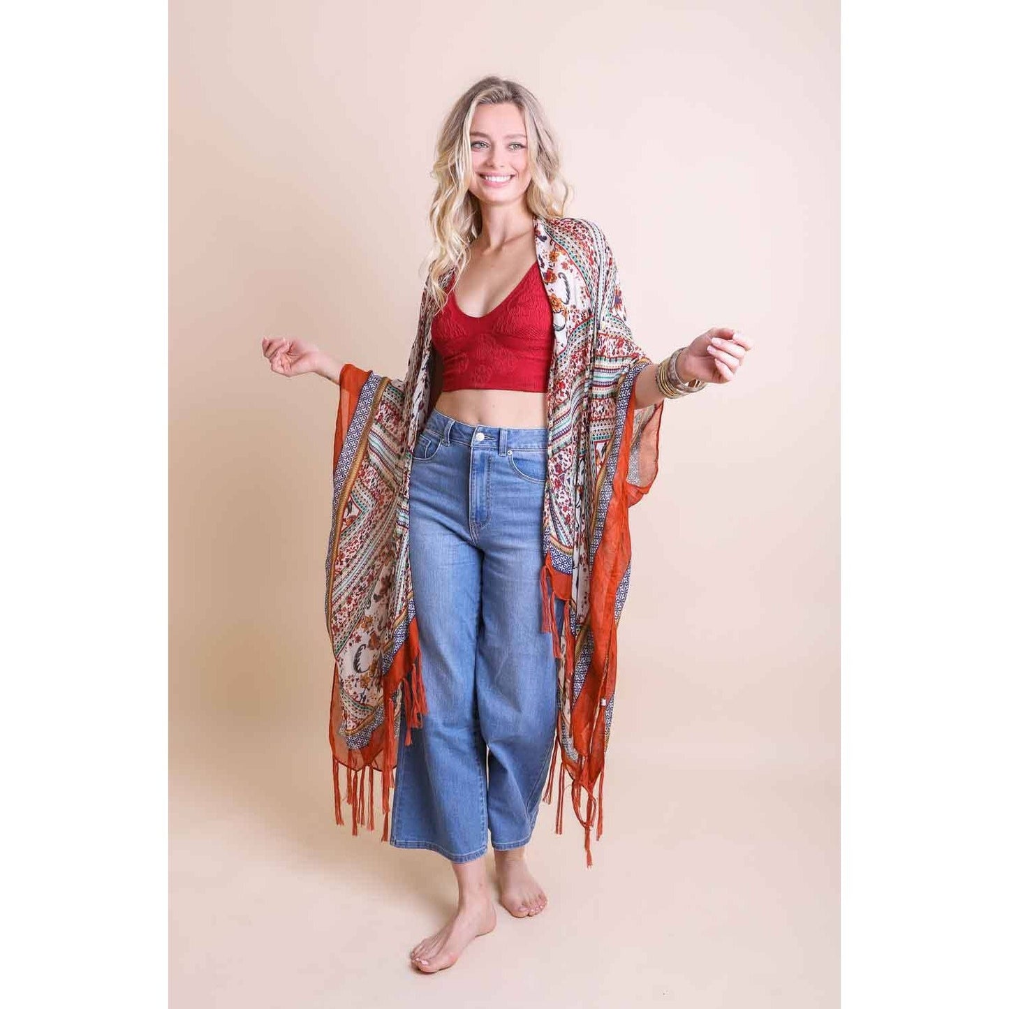 Bohemian Diamond Tassel Kimono in Rust | Beach Swimming Cover-up