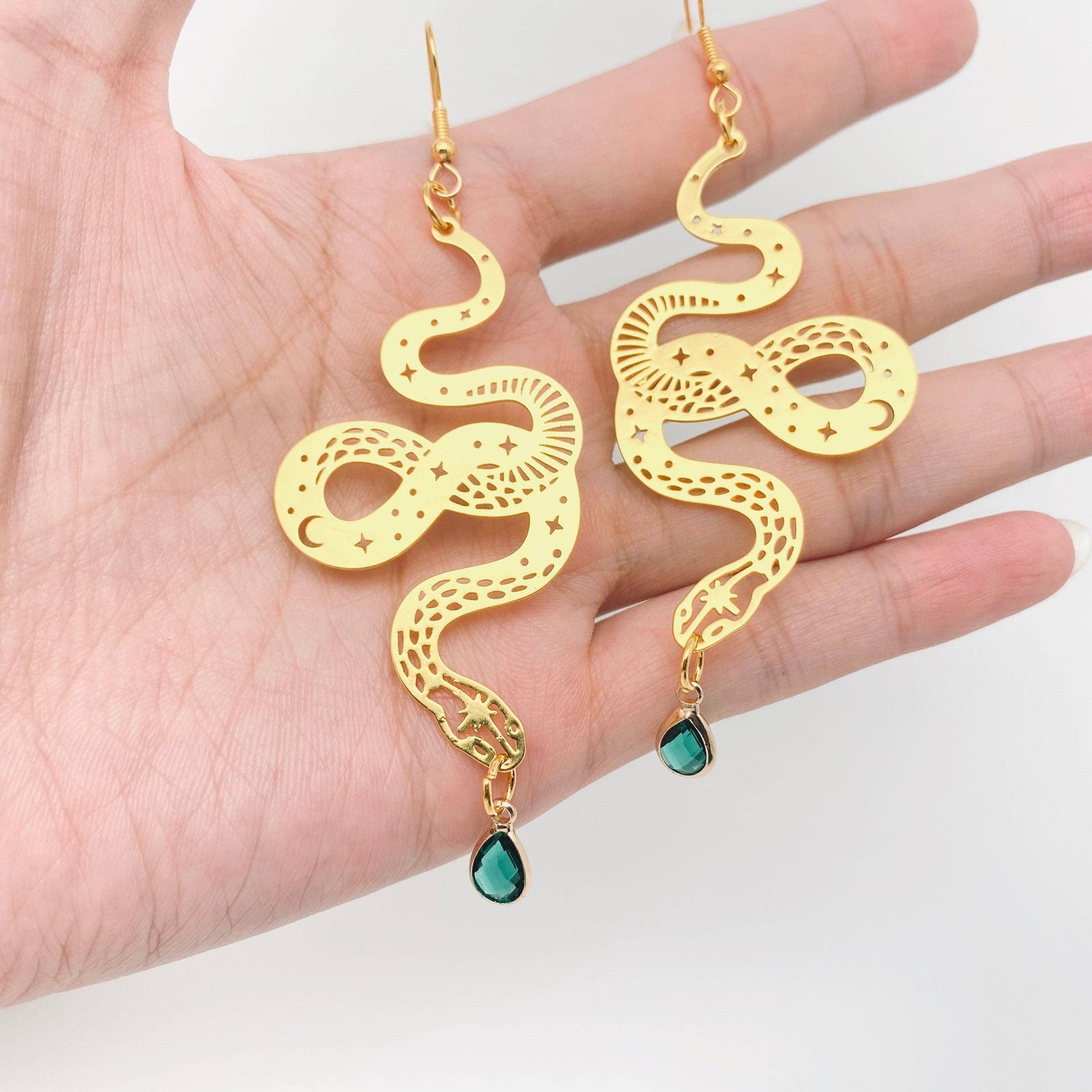 Bohemian Star Moon Snake Earrings with Green Crystal Pendant