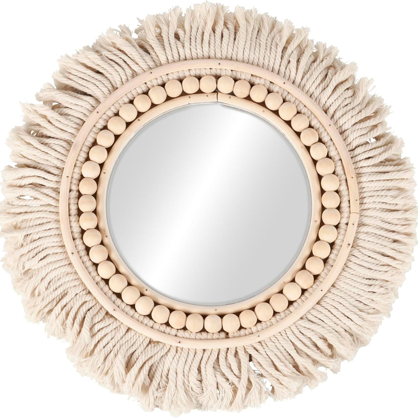 Round mirror with beige fringed frame 