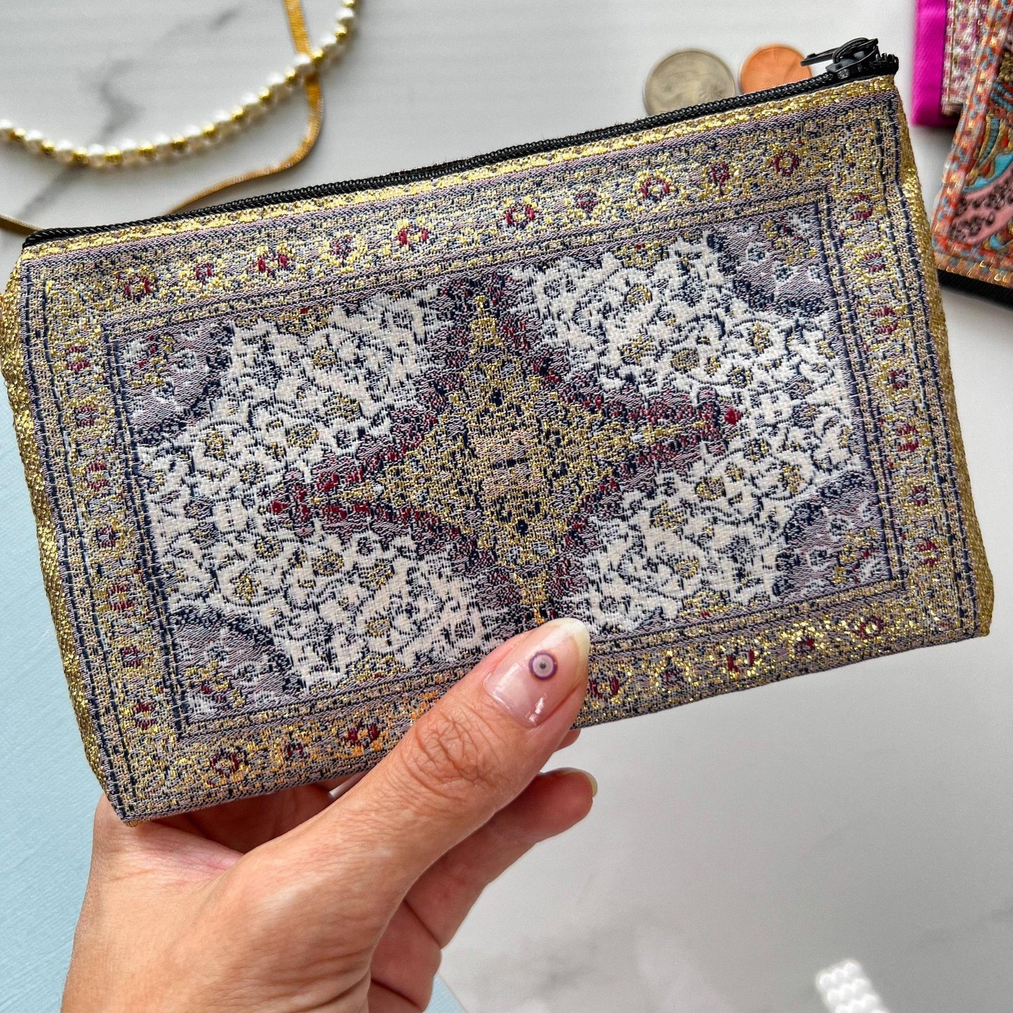 Boho Fabric Pouch Cute Coin Purse Handmade Pouch | Wallet Zippered Organizer | Handmade in Turkey | 4" x 5"