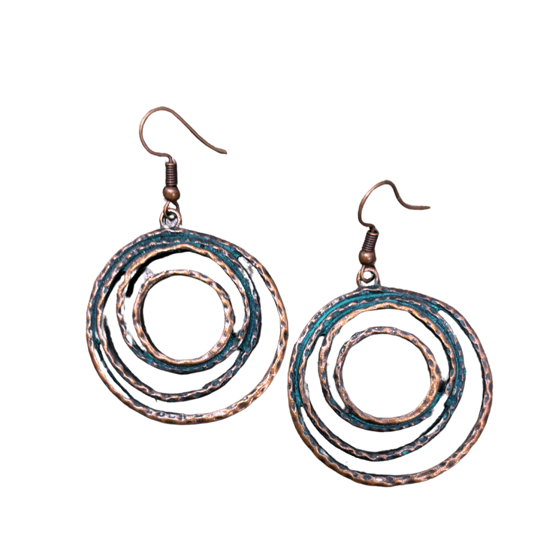 Boho Patina Dangle Circle Earrings | Hand-Painted Coppery Patina | 2.4" Ear Wire