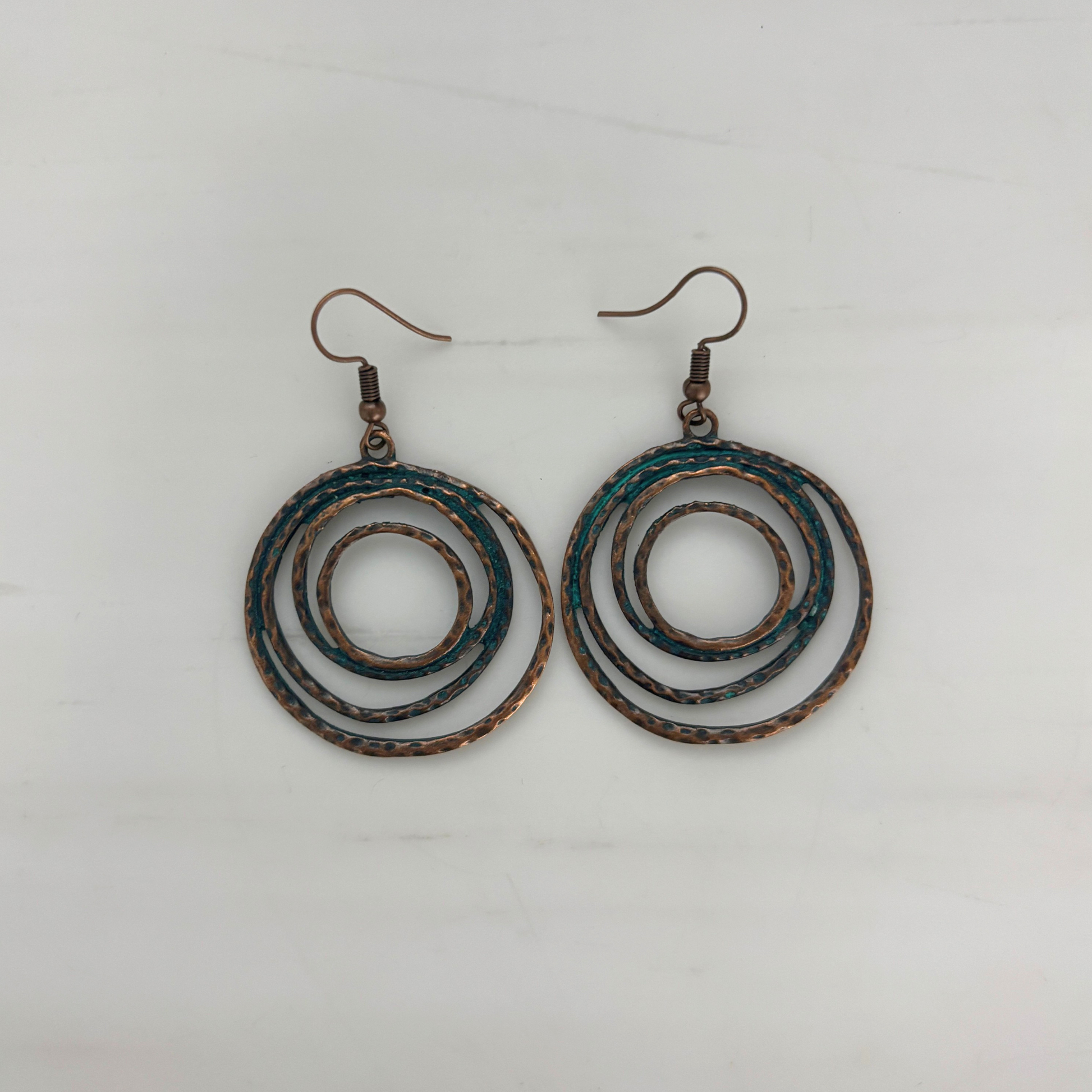 Boho Patina Dangle Circle Earrings | Hand-Painted Coppery Patina | 2.4" Ear Wire