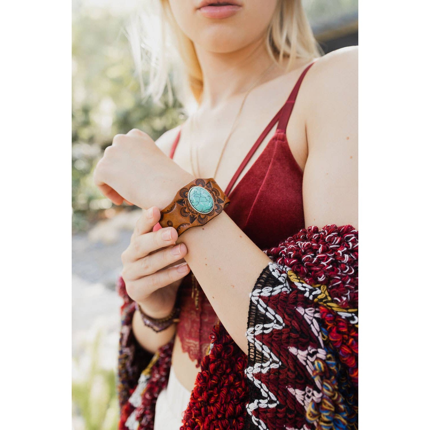 Boho Turquoise Stone Camel Leather Cuff Bracelet | 100% Leather Western Vibe