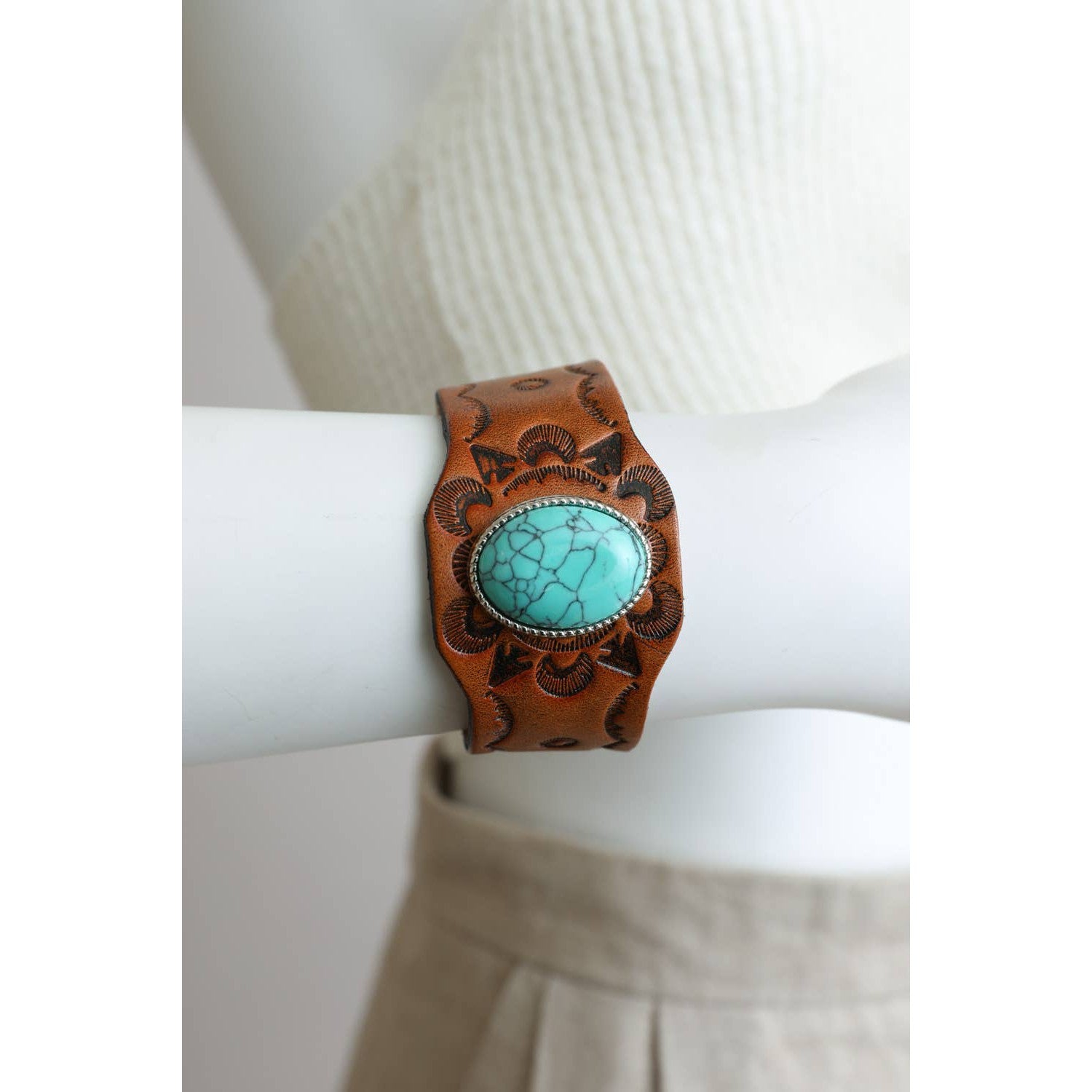 Boho Turquoise Stone Camel Leather Cuff Bracelet | 100% Leather Western Vibe