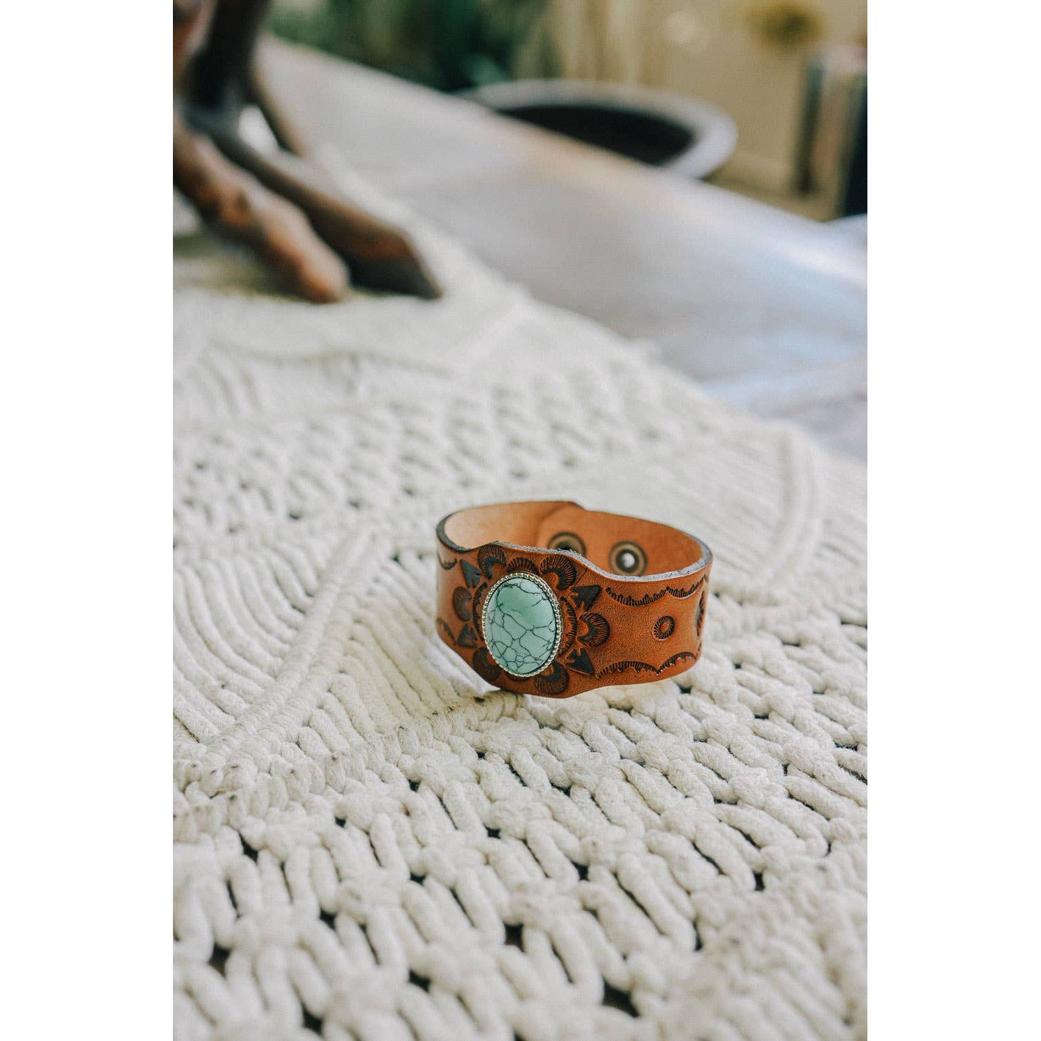 Boho Turquoise Stone Camel Leather Cuff Bracelet | 100% Leather Western Vibe