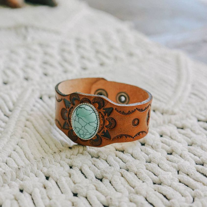 Boho Turquoise Stone Camel Leather Cuff Bracelet | 100% Leather Western Vibe