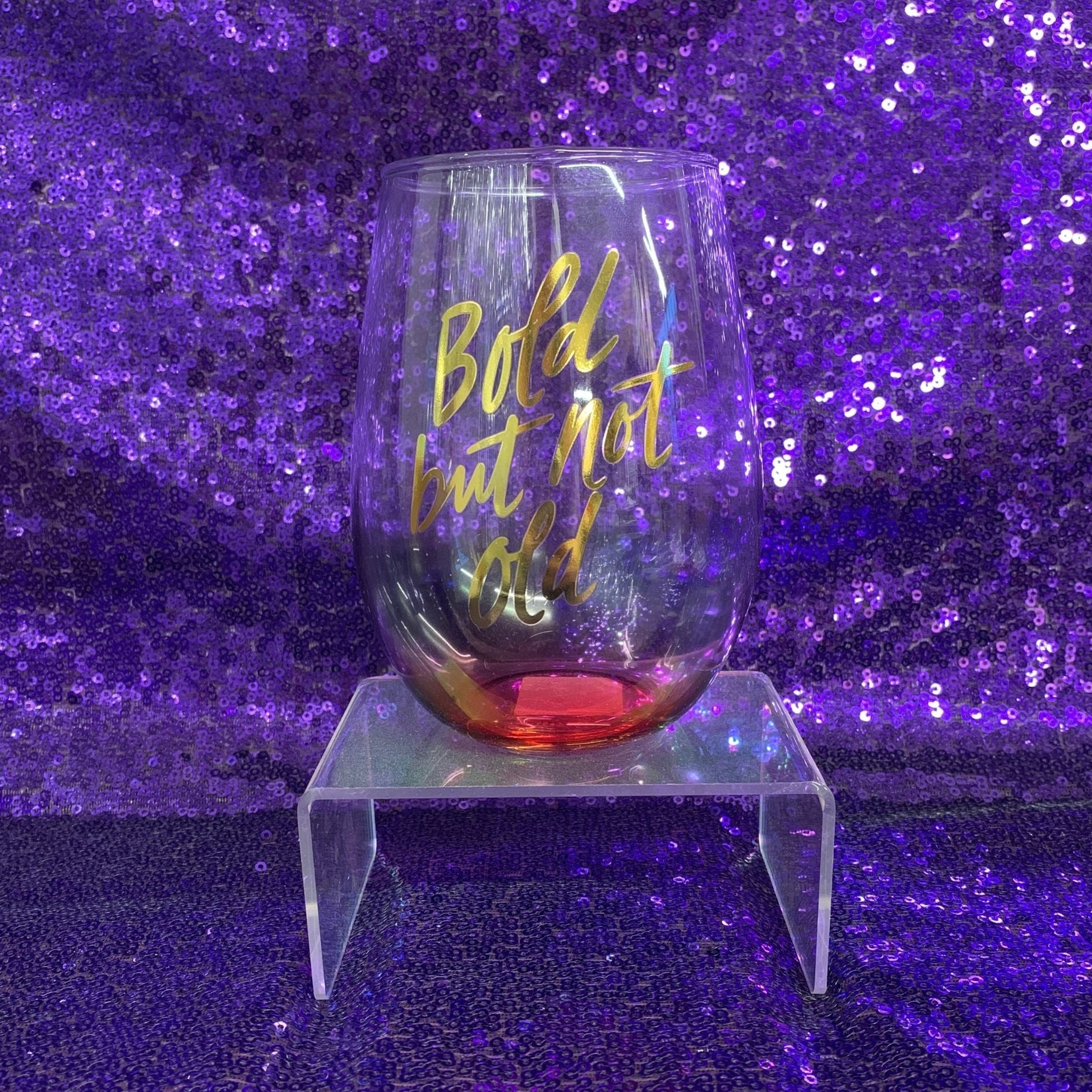 Bold But Not Old Stemless Wine Glass - Birthday or Retirement | Rainbow Glass | 20oz