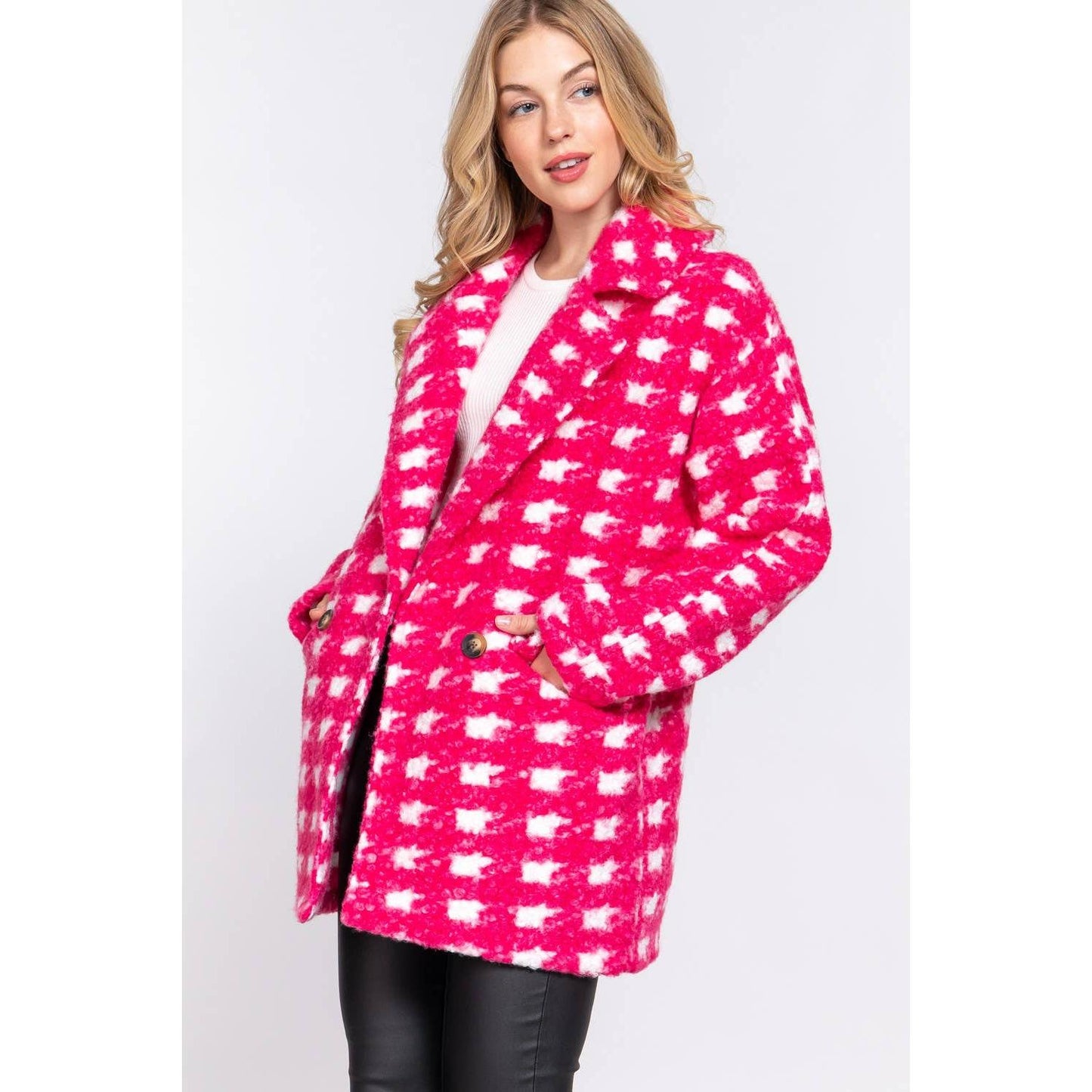 Bold Check Print Boucle Fleece Coat | Long Sleeve Double Breasted Winter Jacket for Women [SM-L]