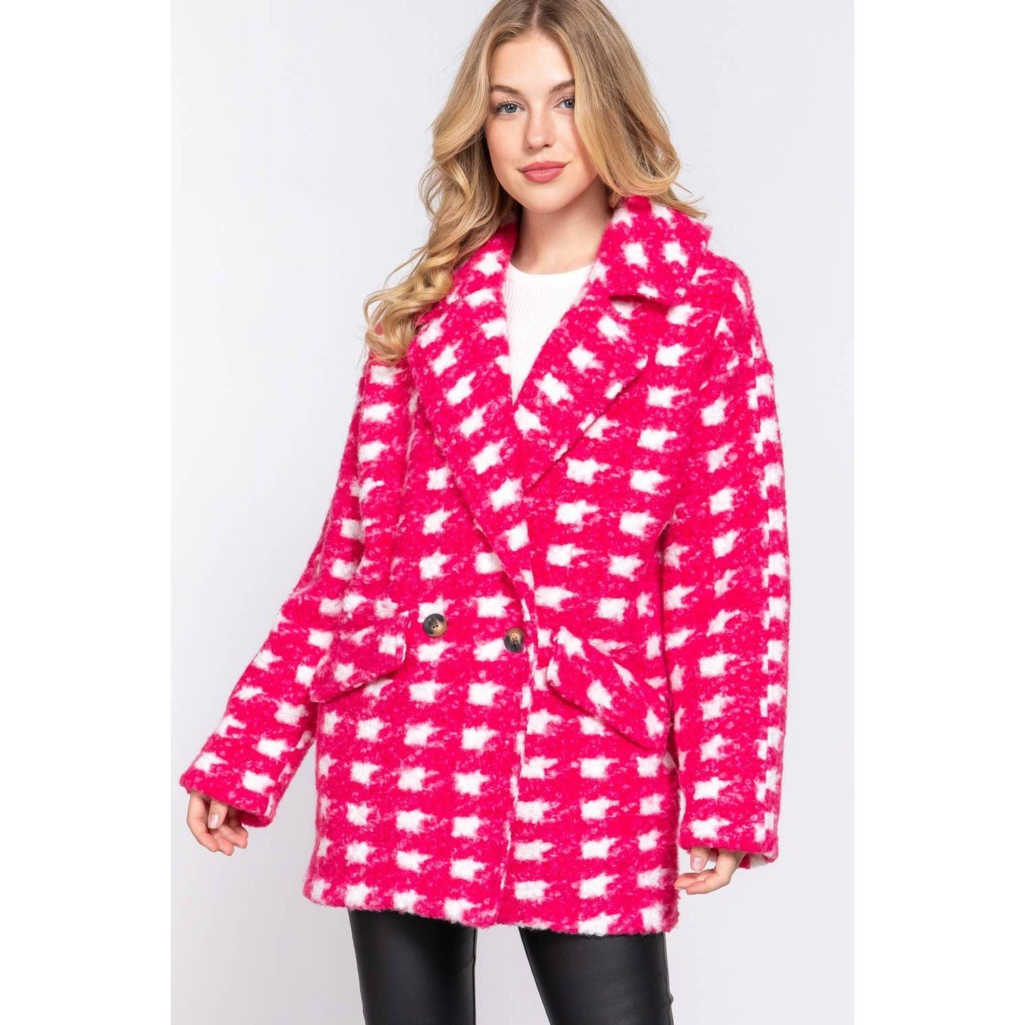 Bold Check Print Boucle Fleece Coat | Long Sleeve Double Breasted Winter Jacket for Women [SM-L]