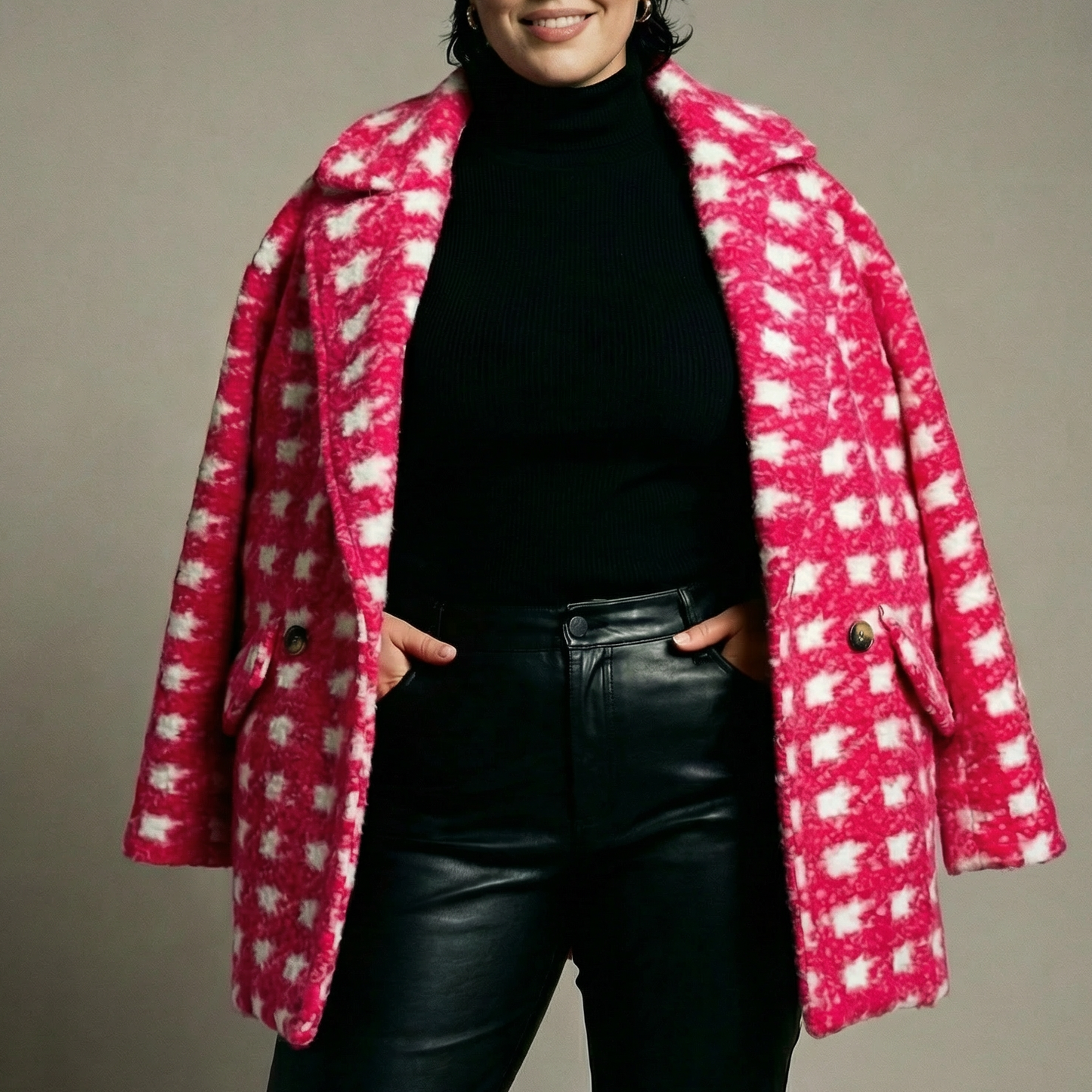 Bold Check Print Boucle Fleece Coat | Long Sleeve Double Breasted Winter Jacket for Women [SM-L]