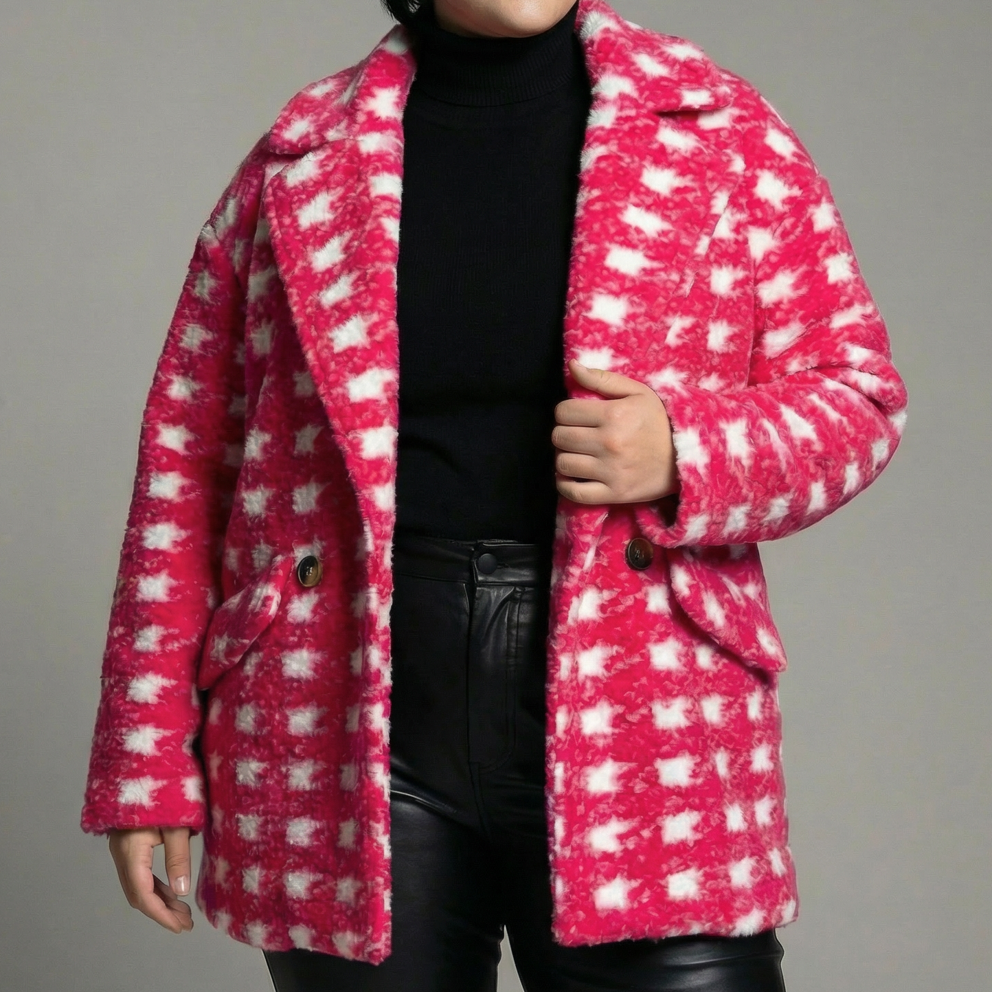 Bold Check Print Boucle Fleece Coat | Long Sleeve Double Breasted Winter Jacket for Women [SM-L]