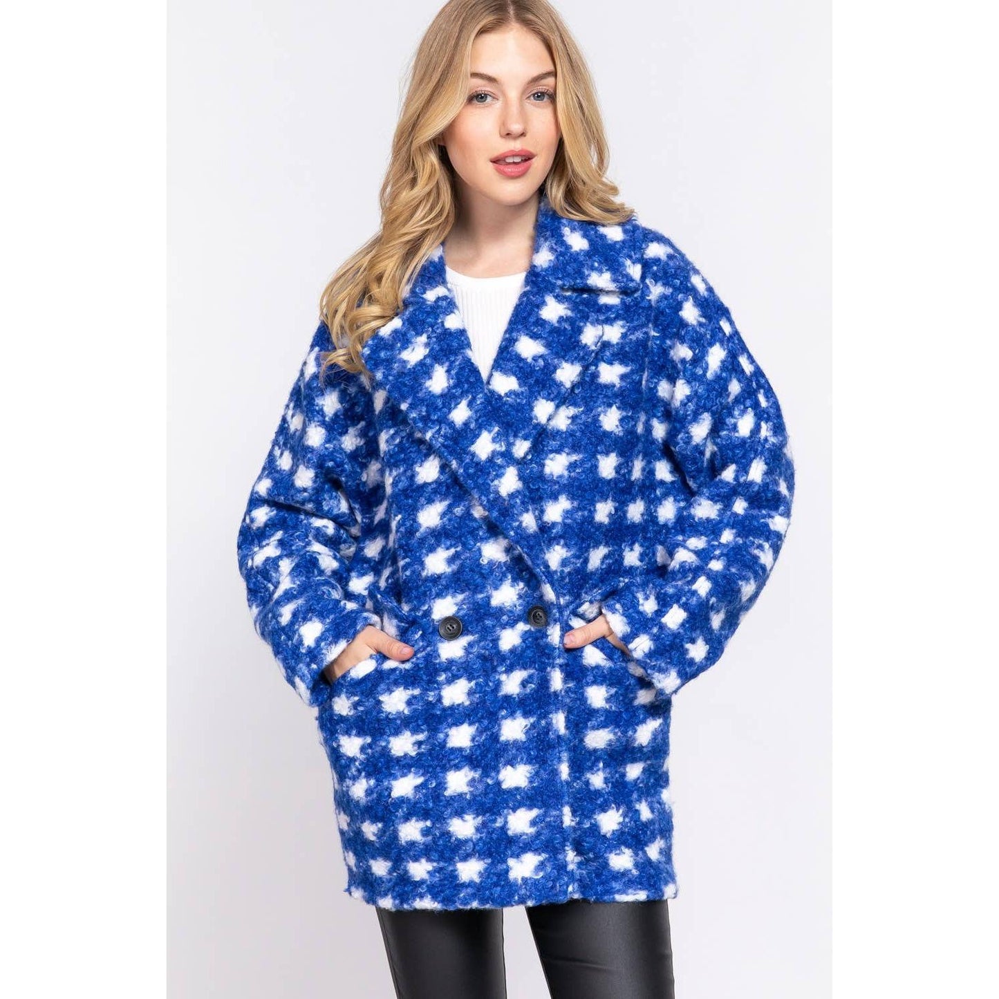 Bold Check Print Boucle Fleece Coat | Long Sleeve Double Breasted Winter Jacket for Women [SM-L]