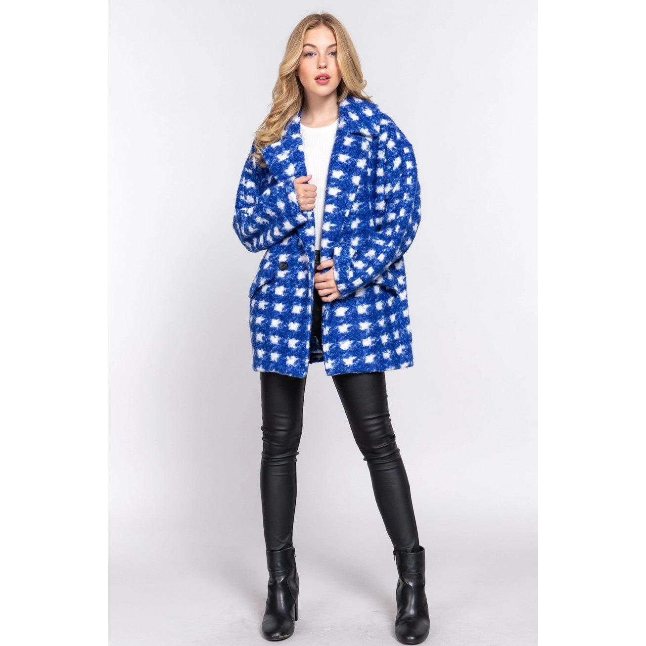 Bold Check Print Boucle Fleece Coat | Long Sleeve Double Breasted Winter Jacket for Women [SM-L]