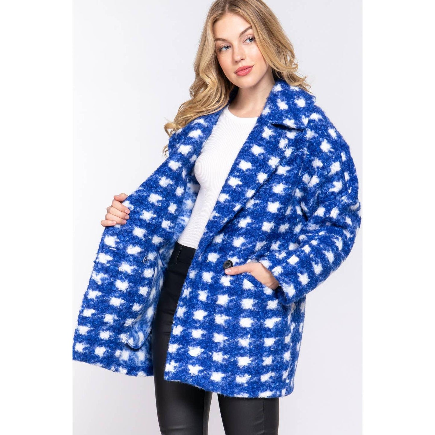 Bold Check Print Boucle Fleece Coat | Long Sleeve Double Breasted Winter Jacket for Women [SM-L]