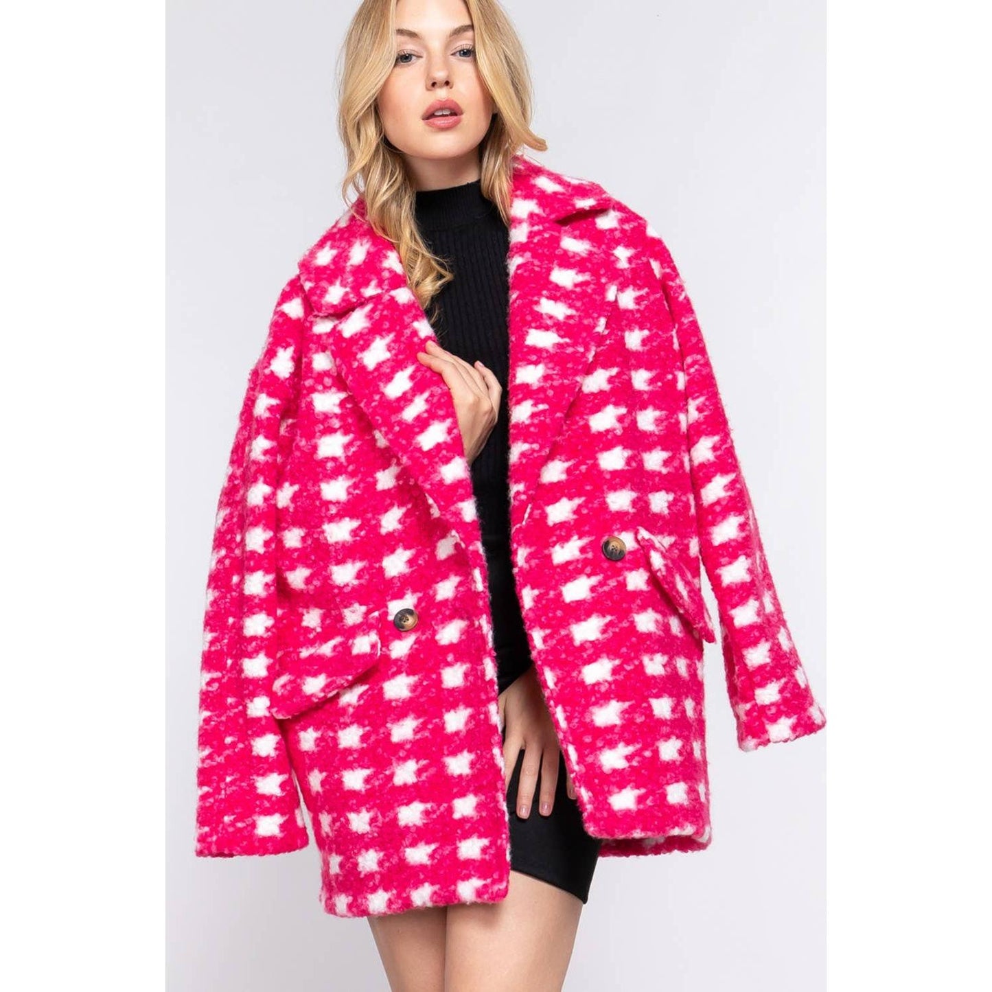 Bold Check Print Boucle Fleece Coat | Long Sleeve Double Breasted Winter Jacket for Women [SM-L]
