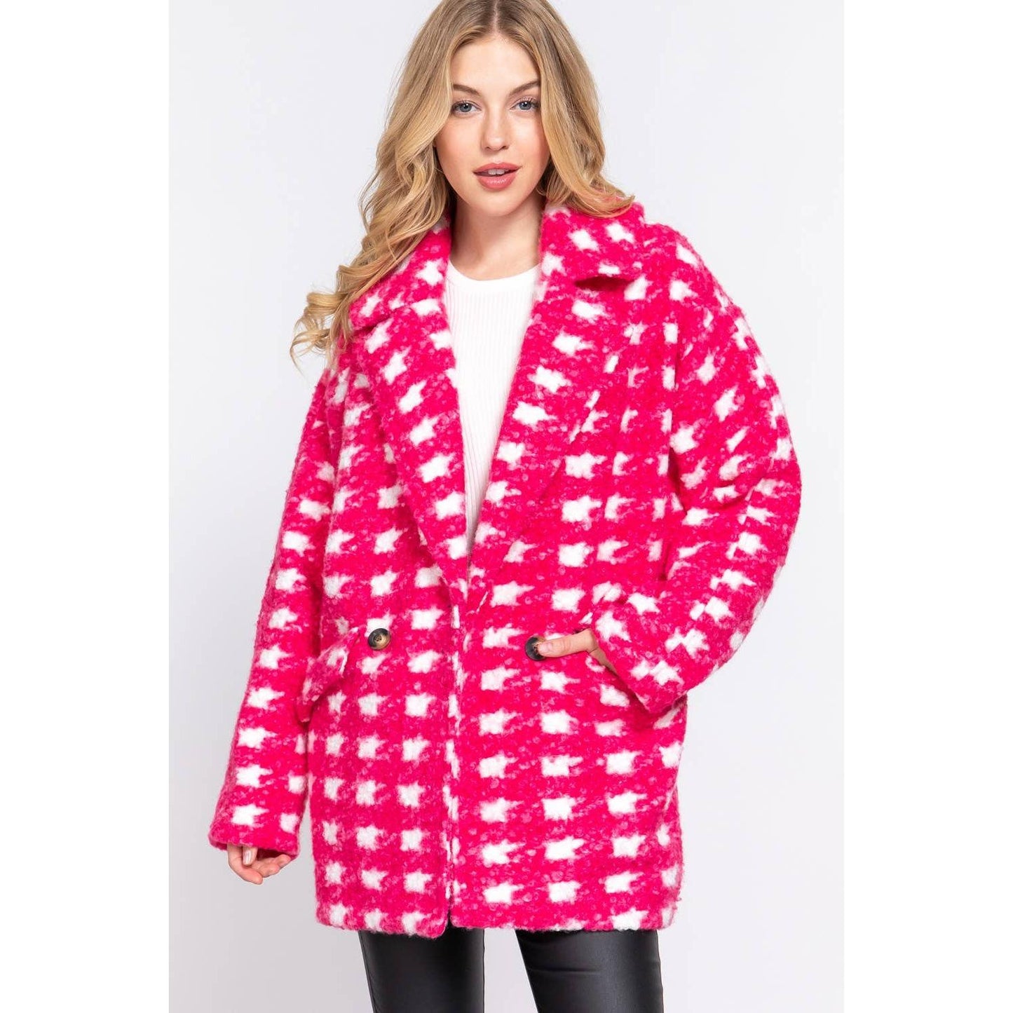 Bold Check Print Boucle Fleece Coat | Long Sleeve Double Breasted Winter Jacket for Women [SM-L]