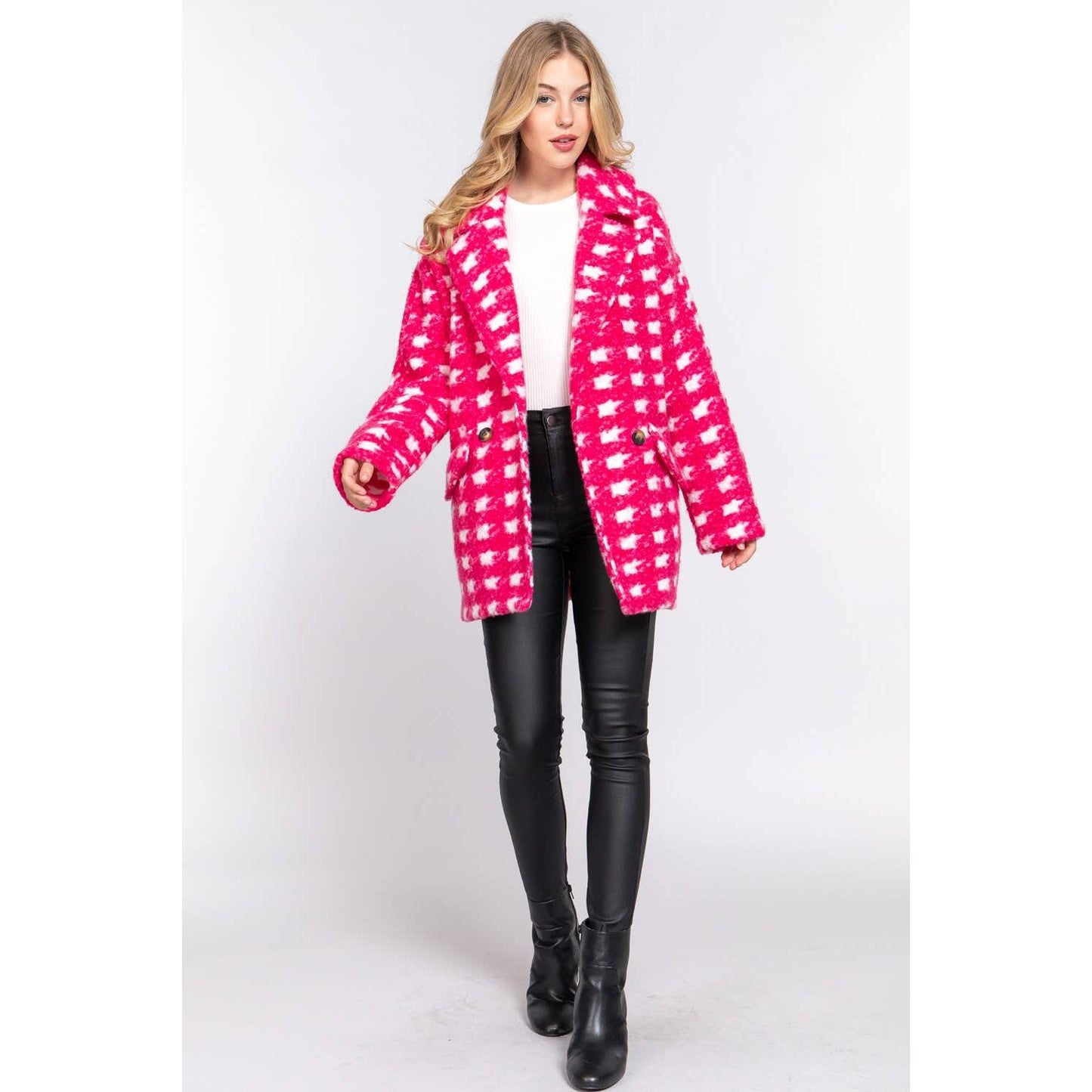 Bold Check Print Boucle Fleece Coat | Long Sleeve Double Breasted Winter Jacket for Women [SM-L]