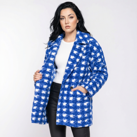 Bold Check Print Boucle Fleece Coat | Long Sleeve Double Breasted Winter Jacket for Women [SM-L]