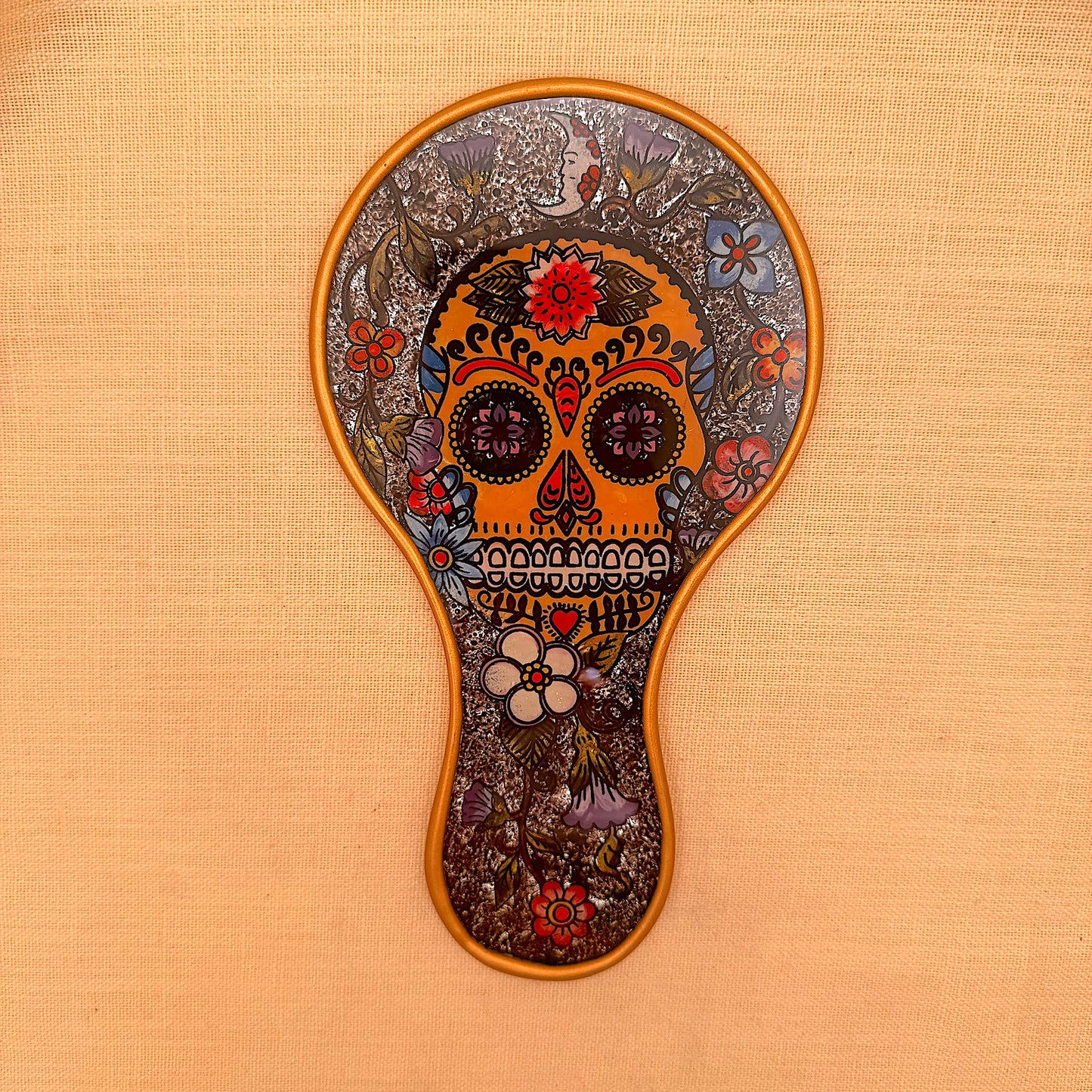 Bone Flower Skull Hand Mirror | Day of the Dead Reverse Glass Mirror, Made in Peru